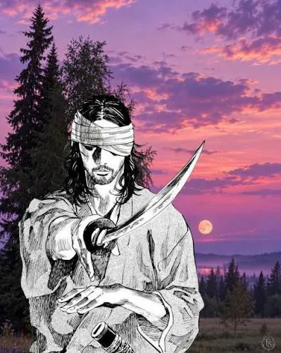Blindfolded swordsman drawing his blade under a dusk moon