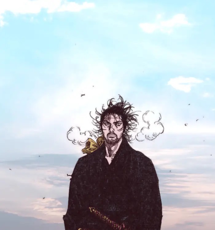 Musashi standing beneath the moon, wind in his hair