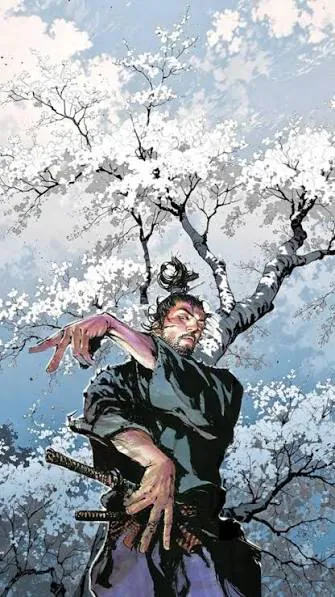 Musashi in a fighting stance beneath blossoming cherry trees