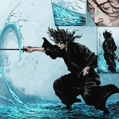 Musashi cutting an arc of water with a single draw